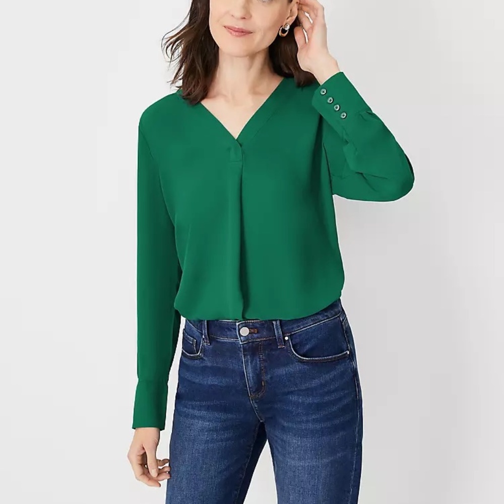 Ann Taylor Mixed Media Pleat Front Top Green